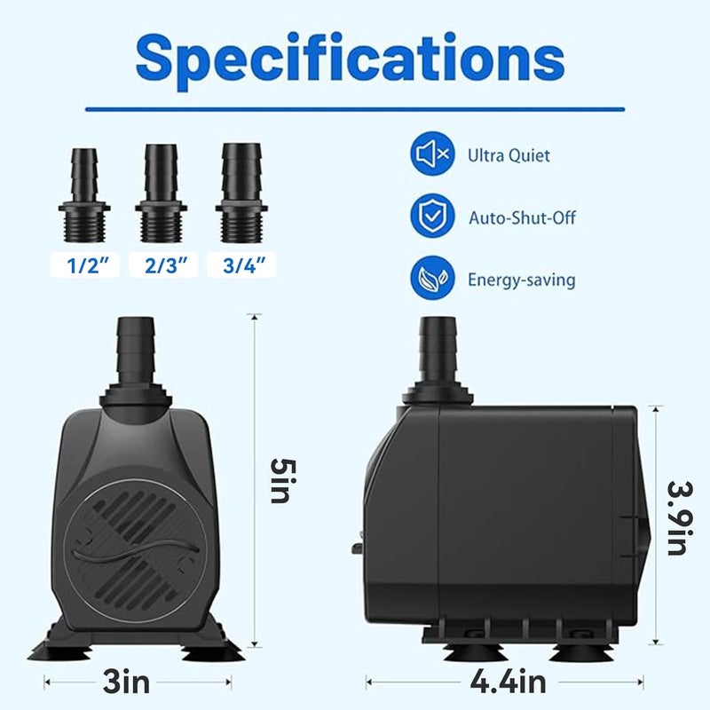 Knifel Submersible Pump 660GPH with AUTO-Shut-Off 8.2ft High Lift for Fountains, Hydroponics, Ponds, Aquariums & More - Image 3